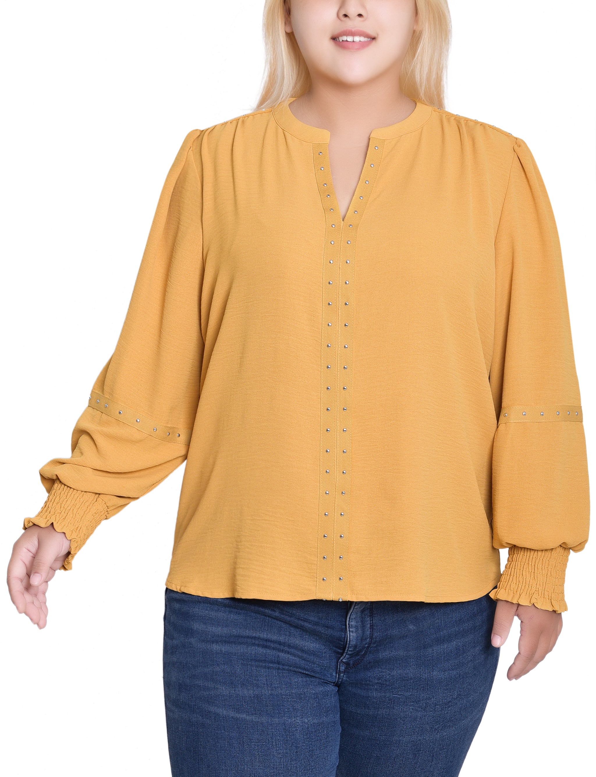 NY Collection Plus Size Long Sleeve Studded Blouse