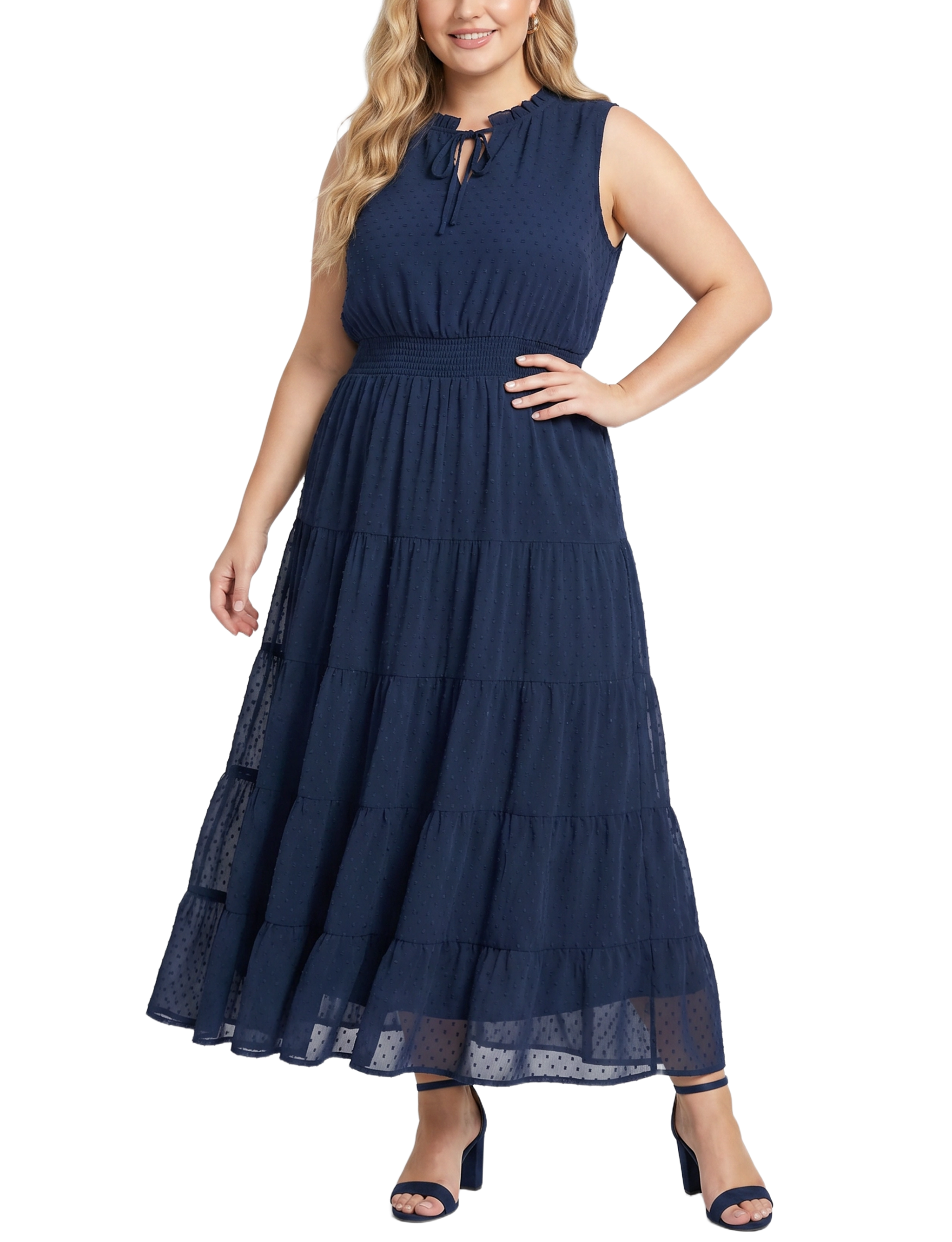 Sleeveless Tiered Swiss Dot Maxi Dress, Plus