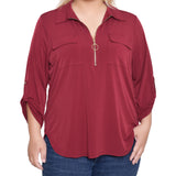NY Collection Plus Size 3/4 Roll Tab Zip Front Top - Burgandy