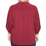 NY Collection Plus Size 3/4 Roll Tab Zip Front Top - Burgandy