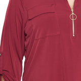 NY Collection Plus Size 3/4 Roll Tab Zip Front Top - Burgandy
