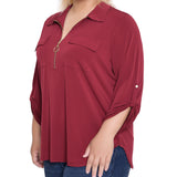 NY Collection Plus Size 3/4 Roll Tab Zip Front Top - Burgandy