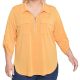 NY Collection Plus Size 3/4 Roll Tab Zip Front Top - Golden Glow