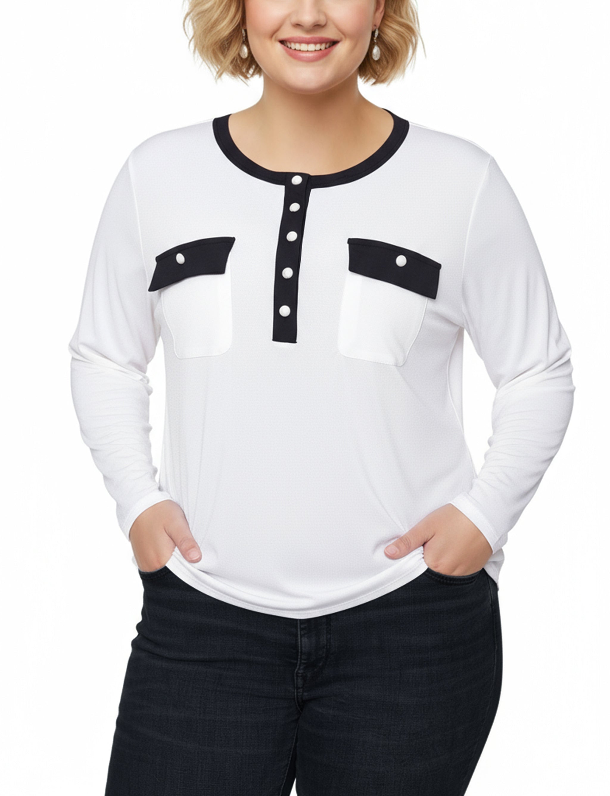 NY Collection Plus Size Long Sleeve Contrast Detail Top