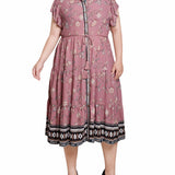 Pink Short Sleeve Tiered Border Print Dress - Plus Size