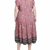 Pink Short Sleeve Tiered Border Print Dress - Plus Size