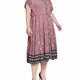 Pink Short Sleeve Tiered Border Print Dress - Plus Size