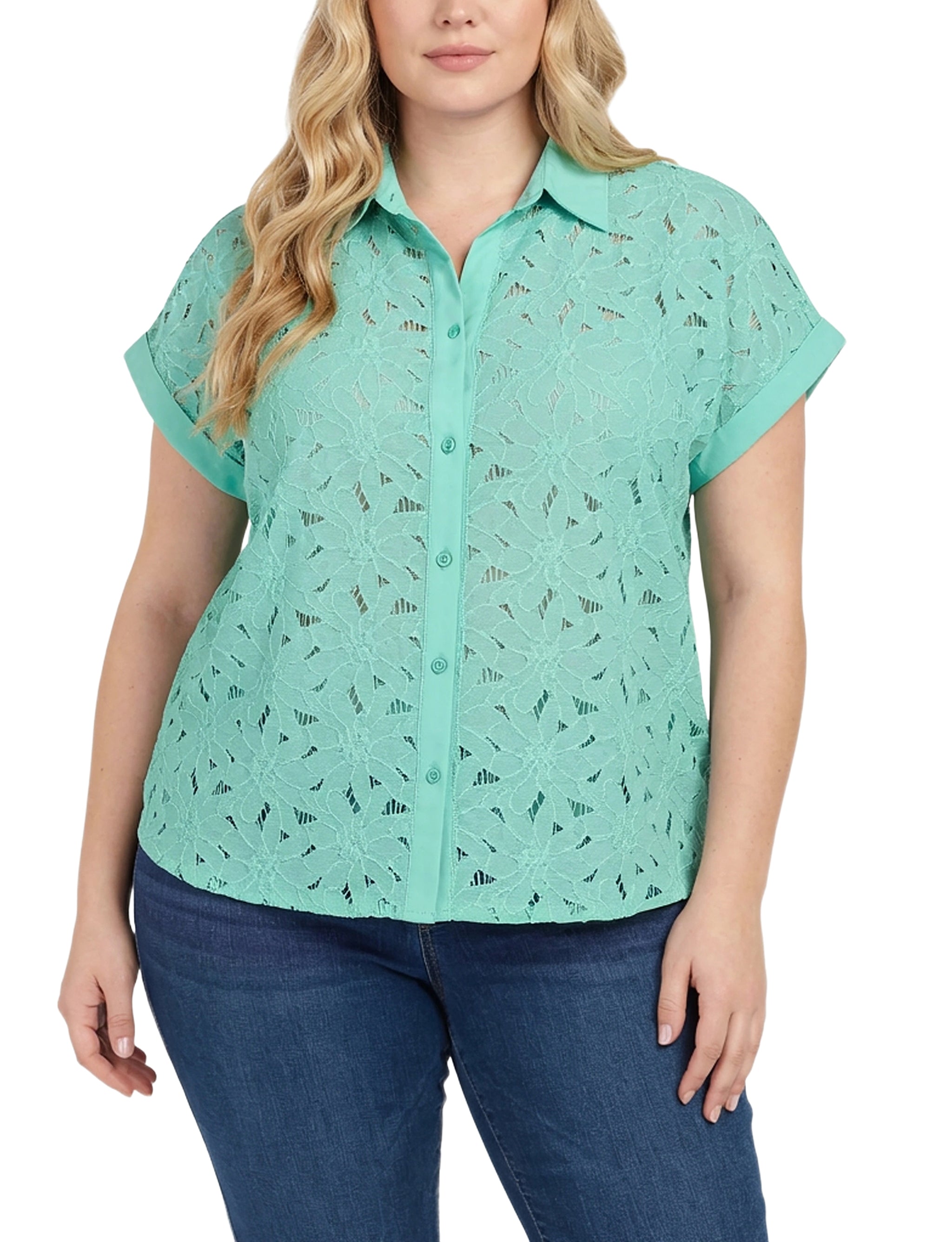 Short Sleeve Eyelet Blouse, Plus