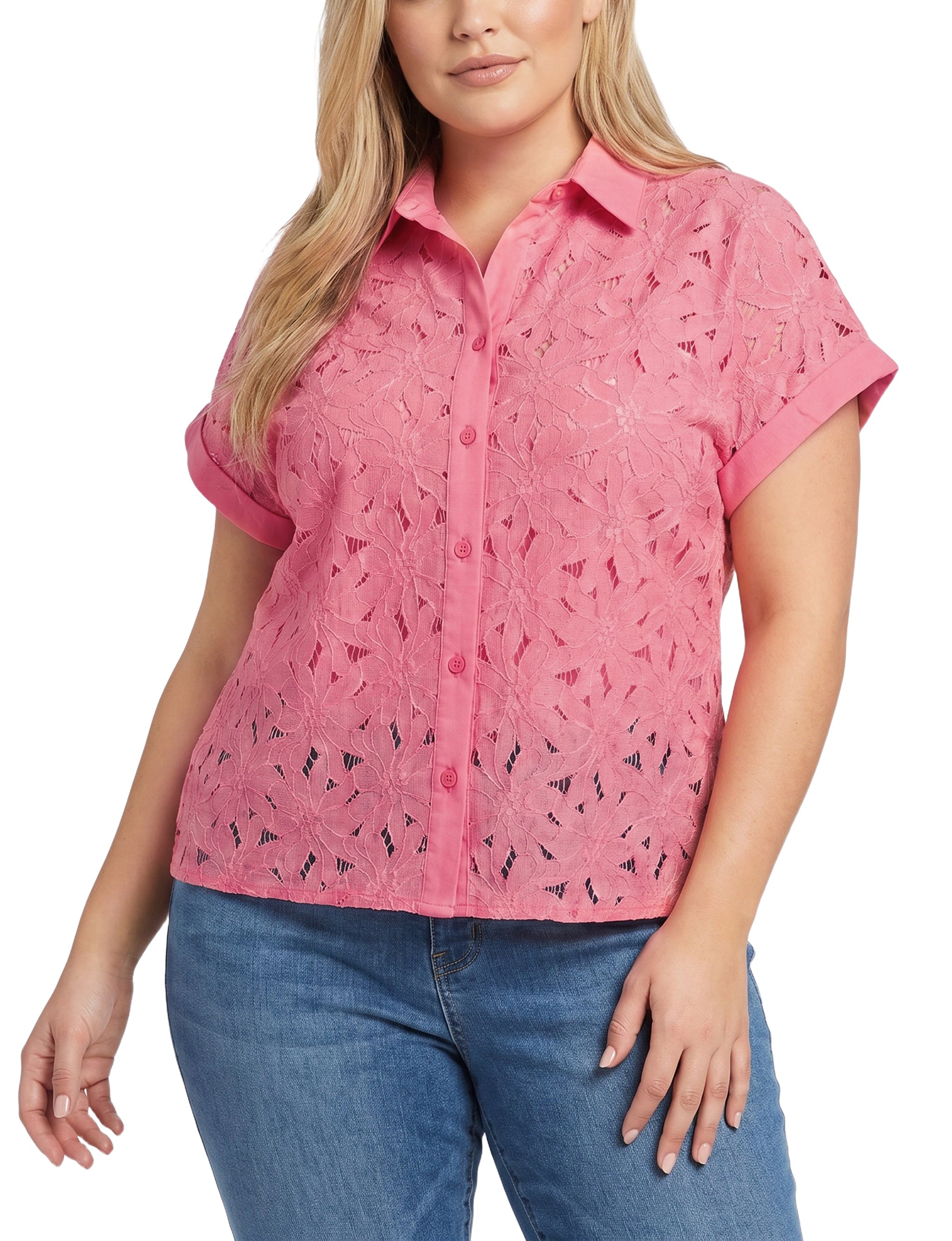 Short Sleeve Eyelet Blouse, Plus
