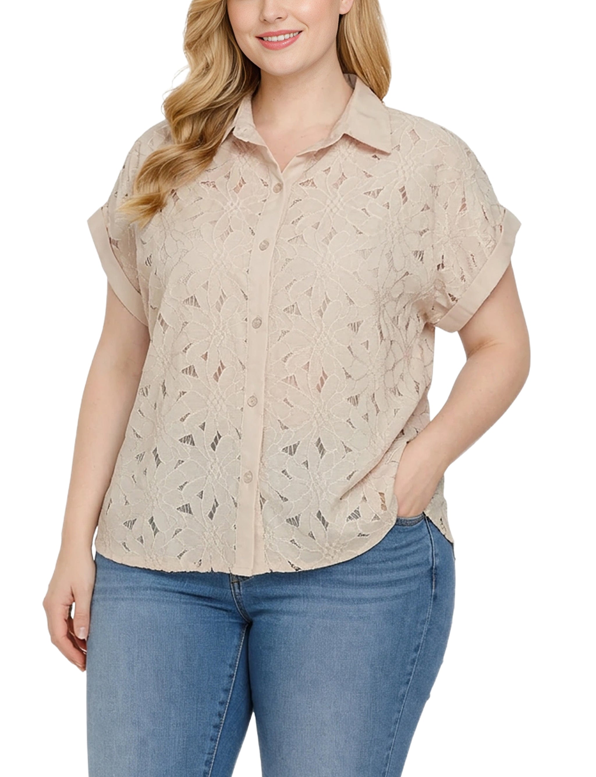Short Sleeve Eyelet Blouse, Plus