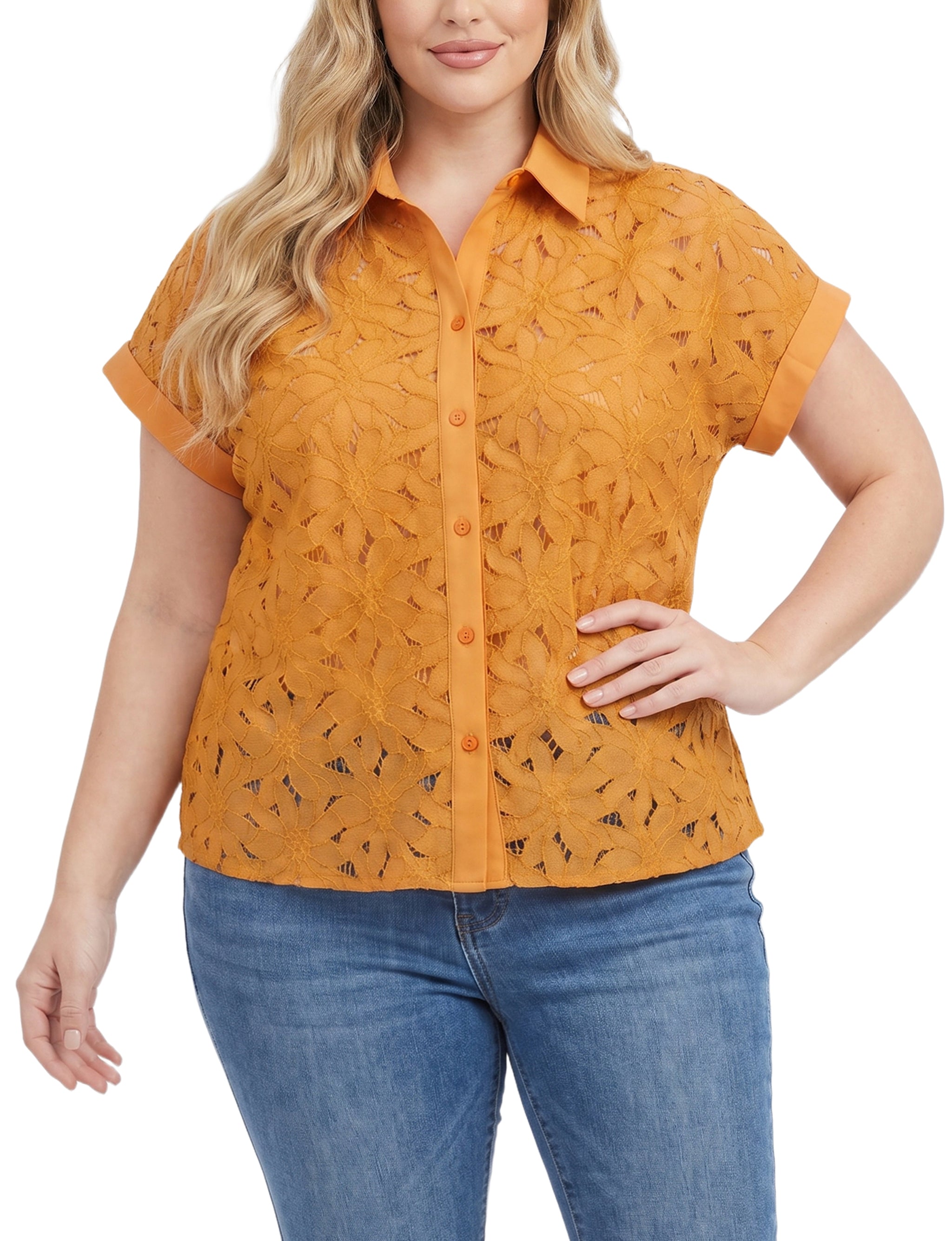 Short Sleeve Eyelet Blouse, Plus