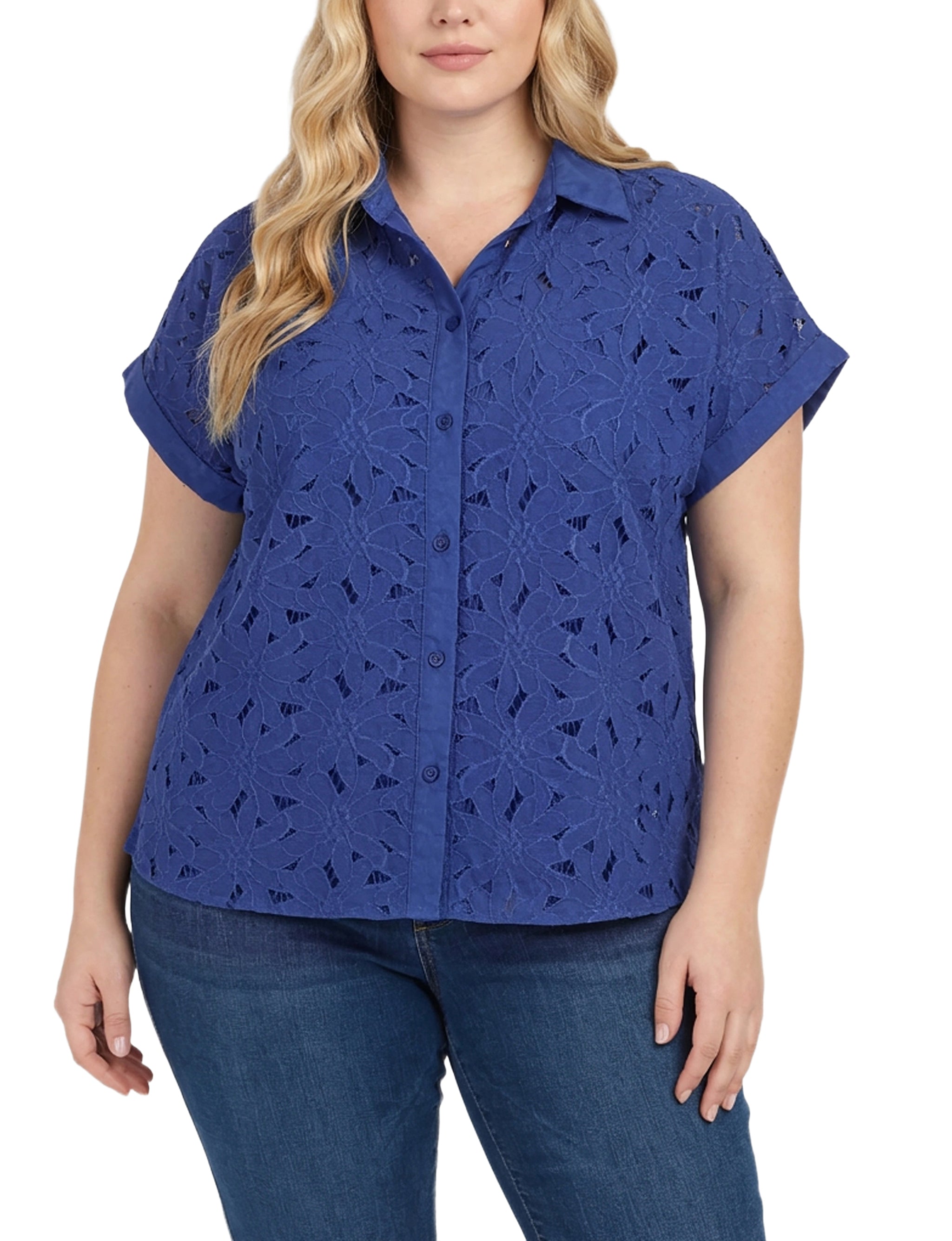 Short Sleeve Eyelet Blouse, Plus