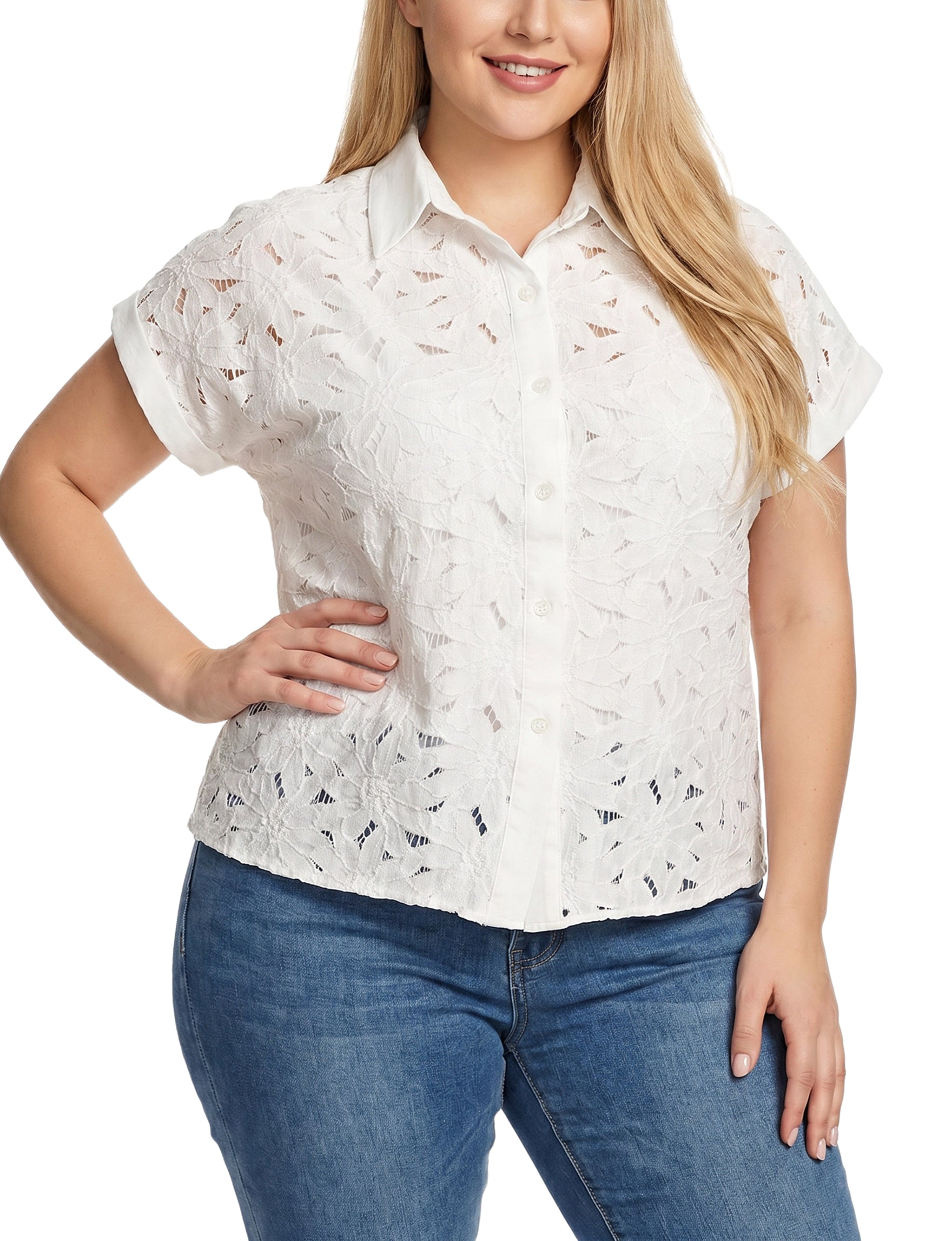 Short Sleeve Eyelet Blouse, Plus