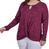 NY Collection Plus Size Long Sleeve Knit Keyhole Top With Studs