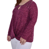 NY Collection Plus Size Long Sleeve Knit Keyhole Top With Studs