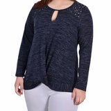 NY Collection Plus Size Long Sleeve Knit Keyhole Top With Studs