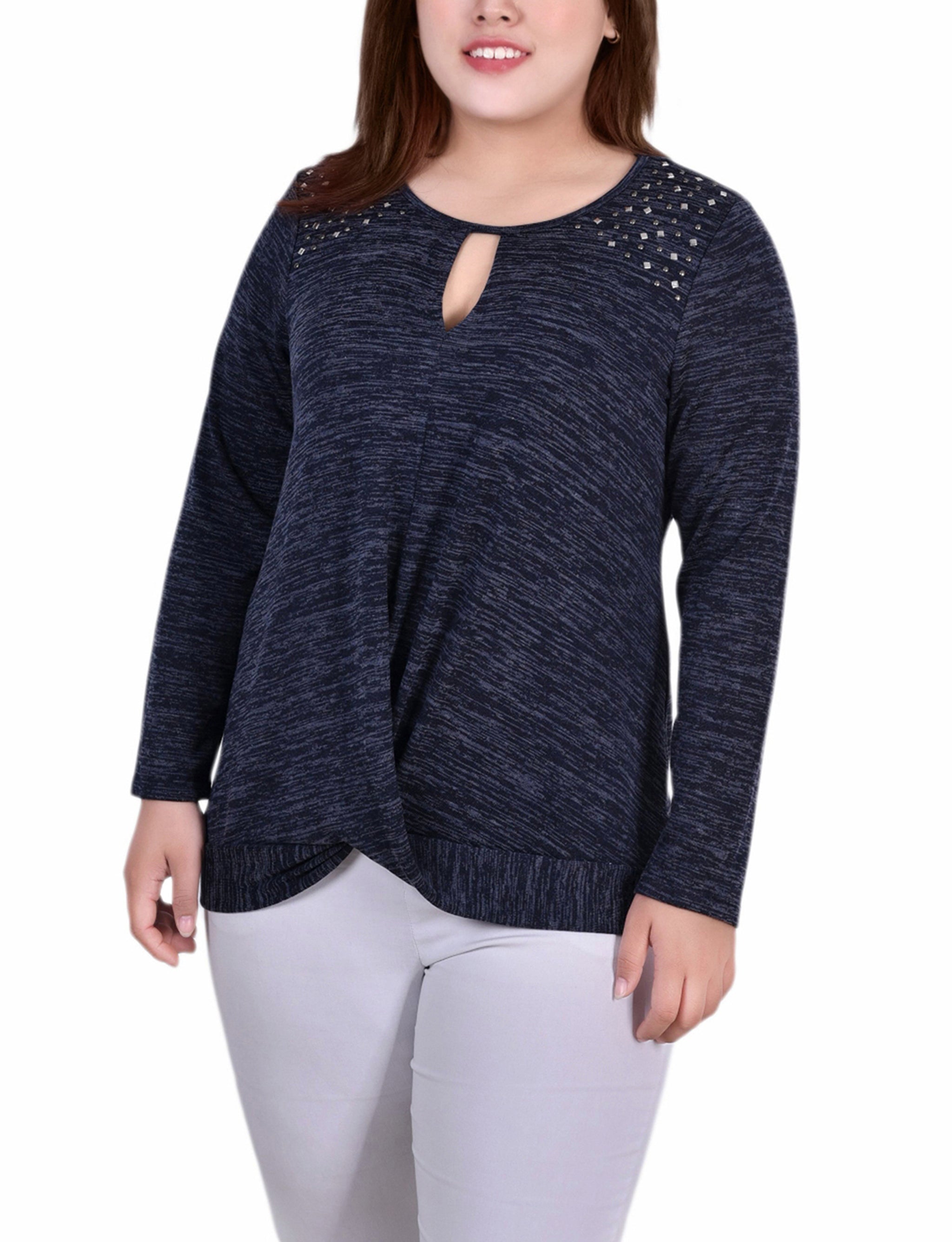 NY Collection Plus Size Long Sleeve Knit Keyhole Top With Studs