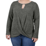 NY Collection Plus Size Long Sleeve Knit Keyhole Top With Studs