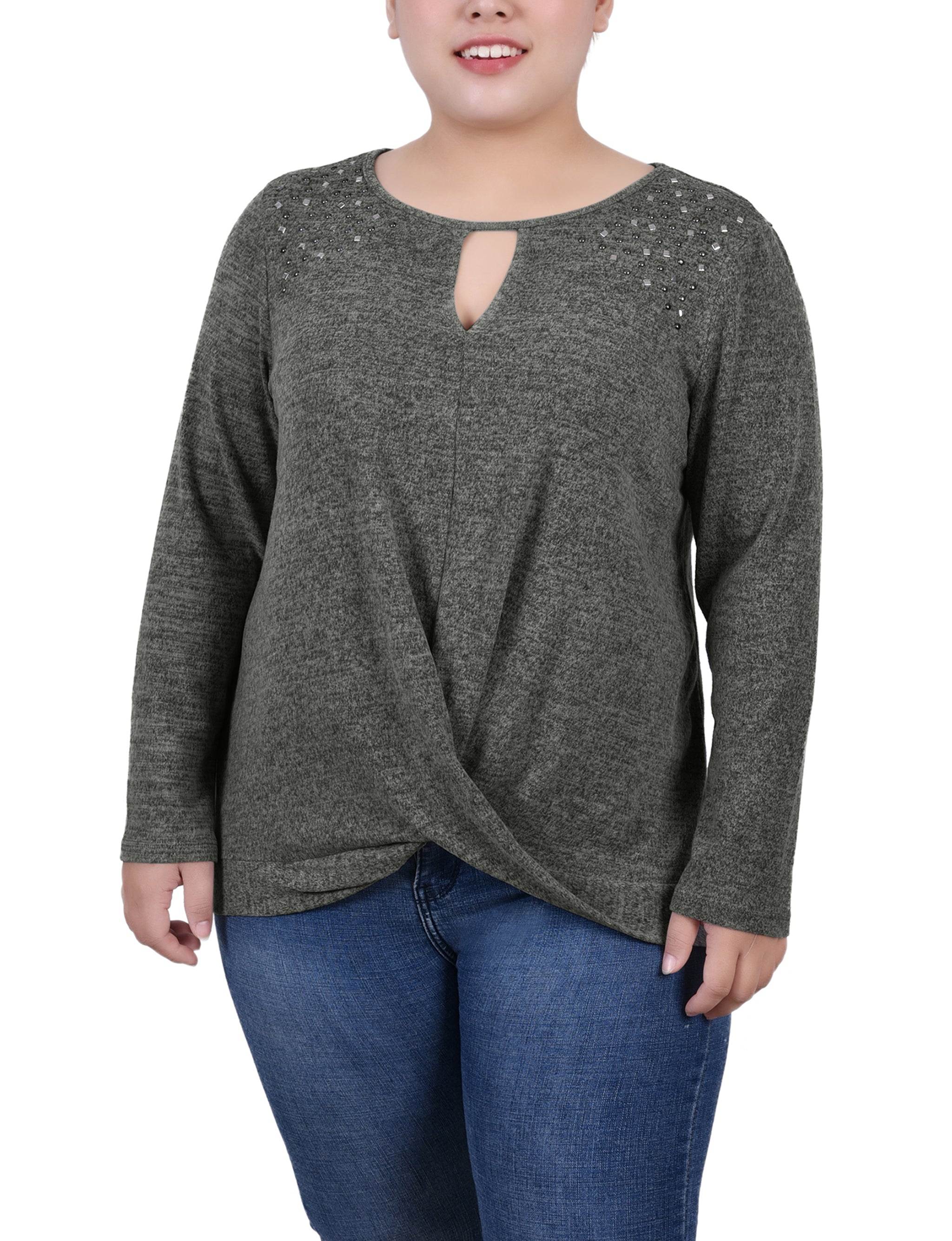 NY Collection Plus Size Long Sleeve Knit Keyhole Top With Studs