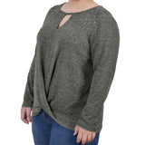 NY Collection Plus Size Long Sleeve Knit Keyhole Top With Studs