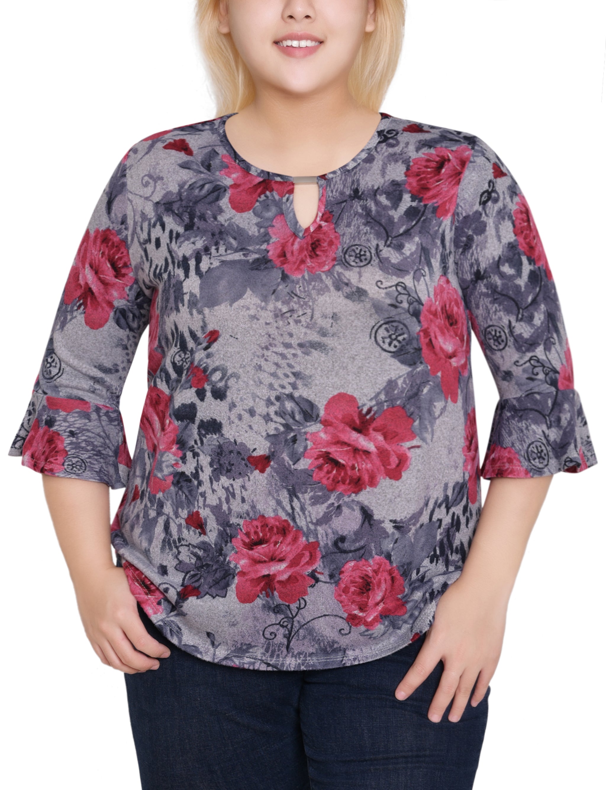 NY Collection Plus Size 3/4 Bell Sleeve Top With Hardware