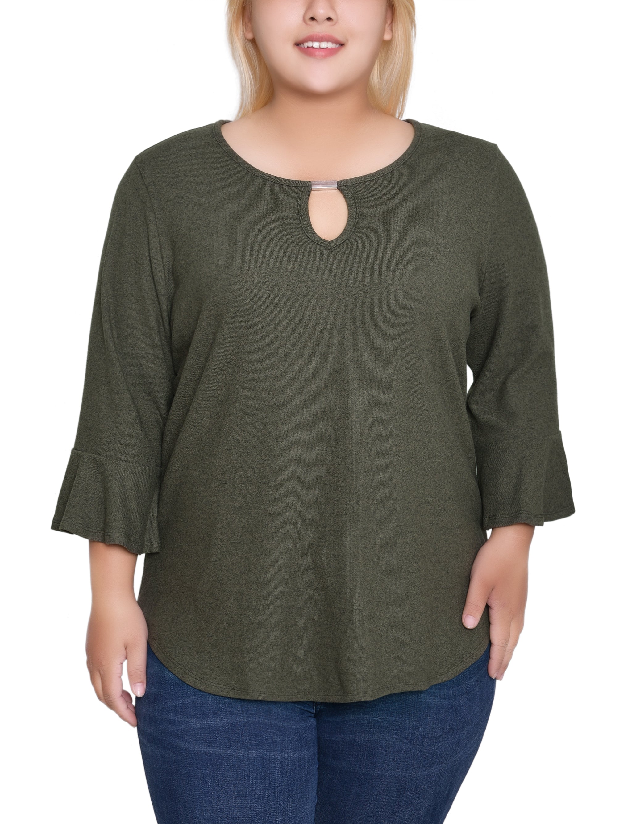 NY Collection Plus Size 3/4 Bell Sleeve Top With Hardware
