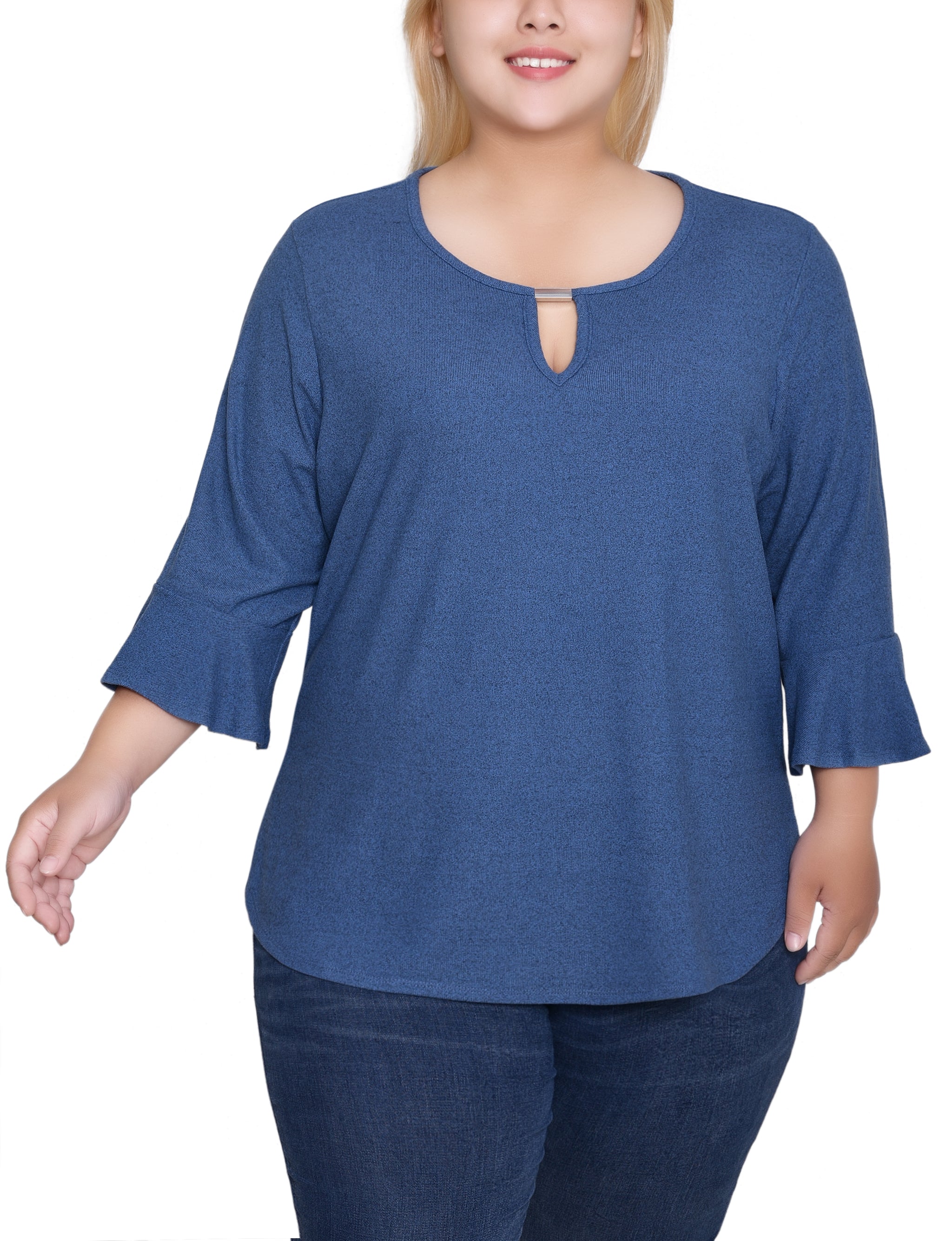 NY Collection Plus Size 3/4 Bell Sleeve Top With Hardware
