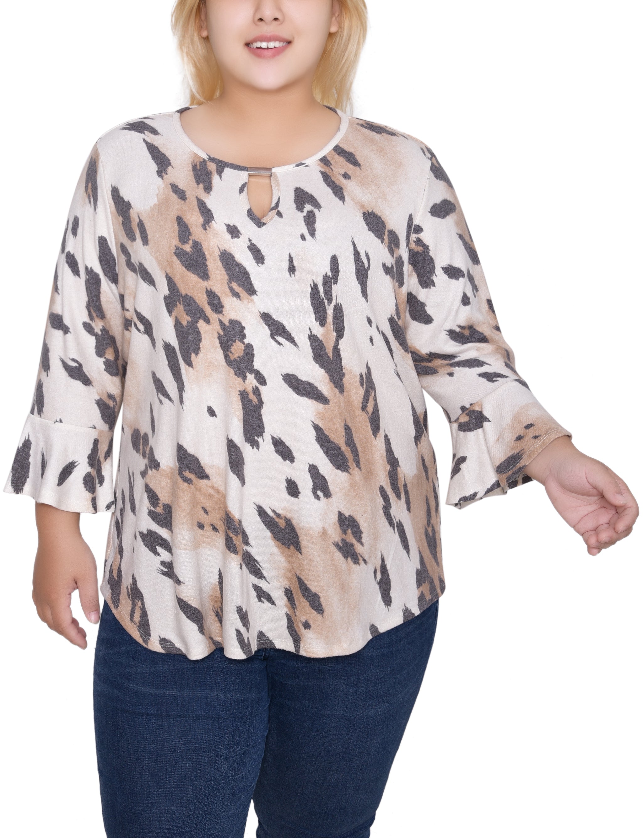 NY Collection Plus Size 3/4 Bell Sleeve Top With Hardware