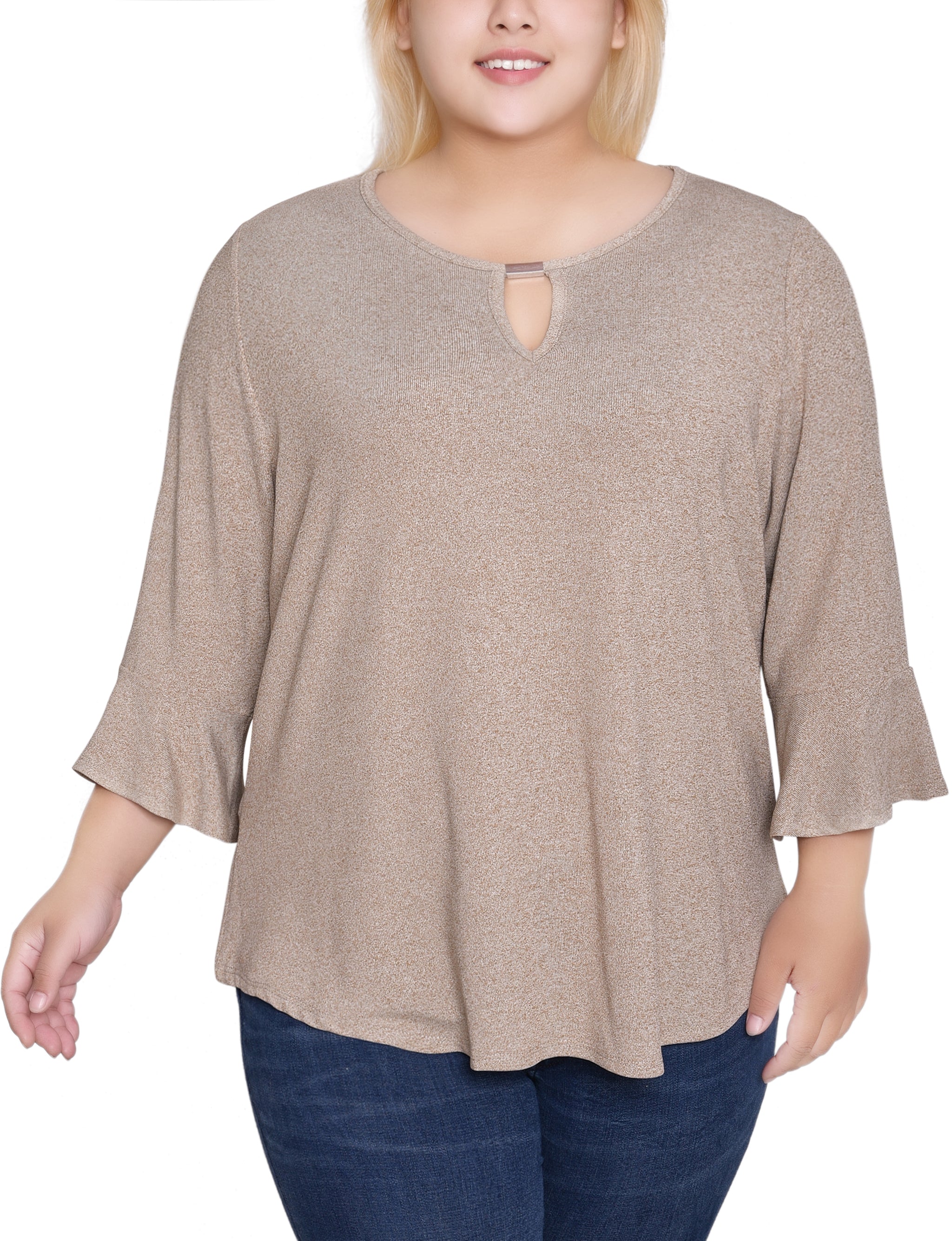 NY Collection Plus Size 3/4 Bell Sleeve Top With Hardware