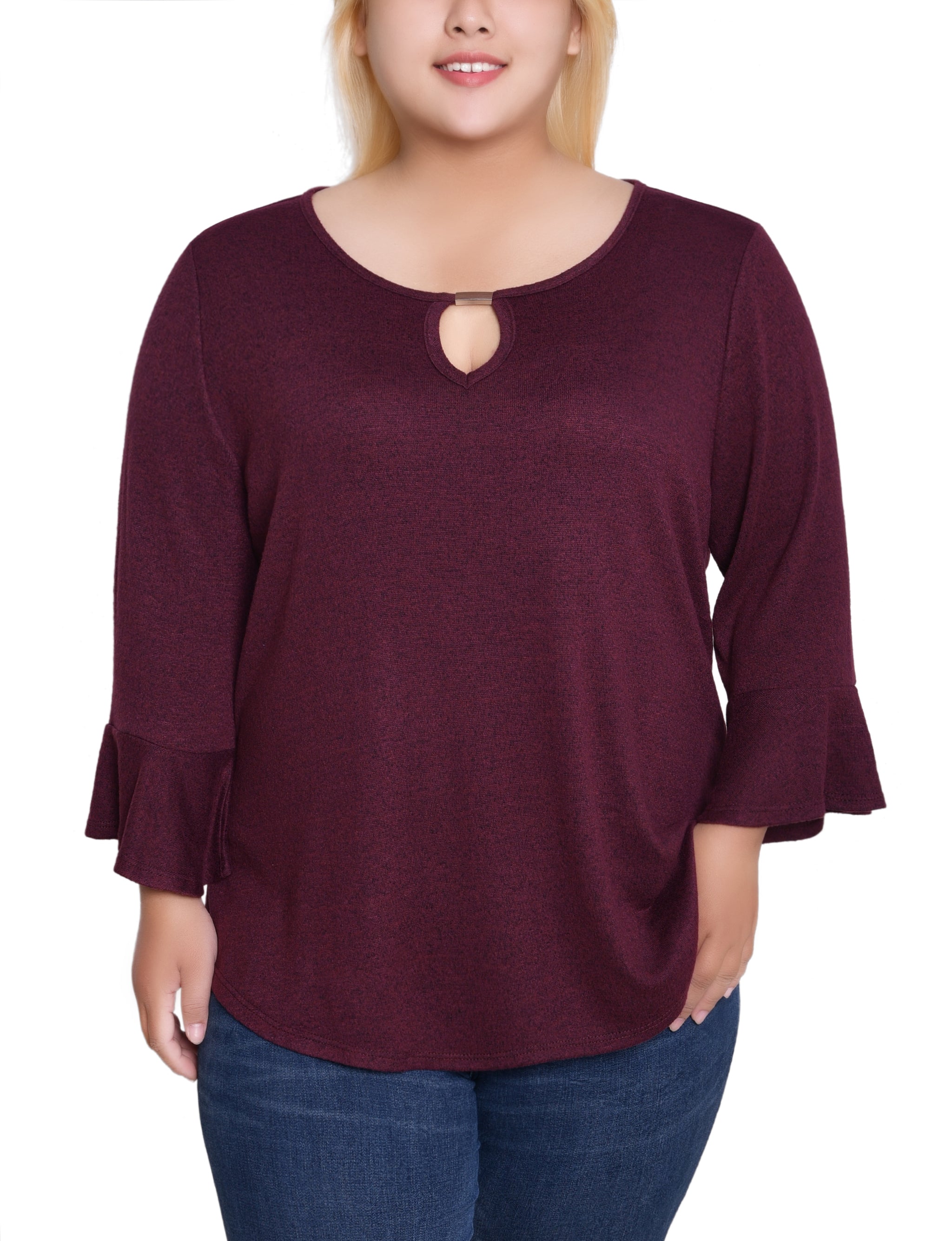 NY Collection Plus Size 3/4 Bell Sleeve Top With Hardware