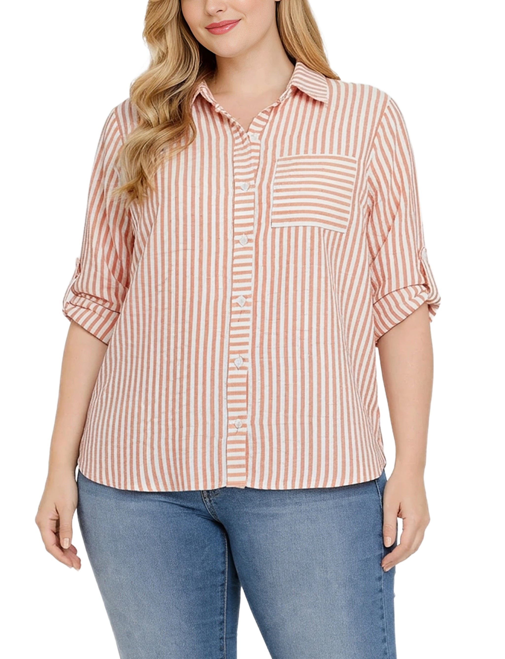 3/4 Sleeve Roll Tab Blouse, Plus