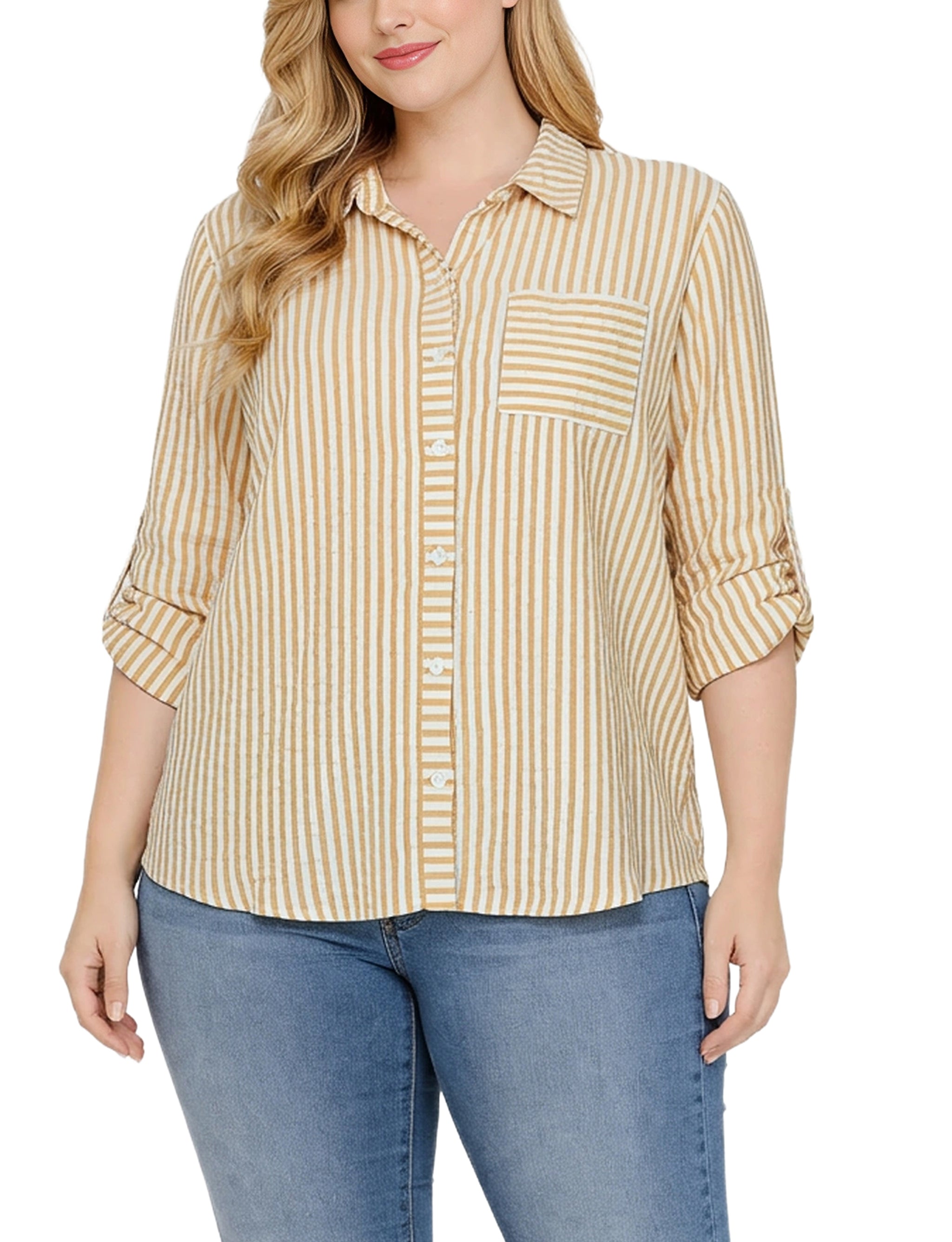 3/4 Sleeve Roll Tab Blouse, Plus