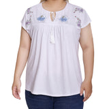 White Embroidered Yoke Extended Sleeve Top - Plus