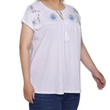 White Embroidered Yoke Extended Sleeve Top - Plus