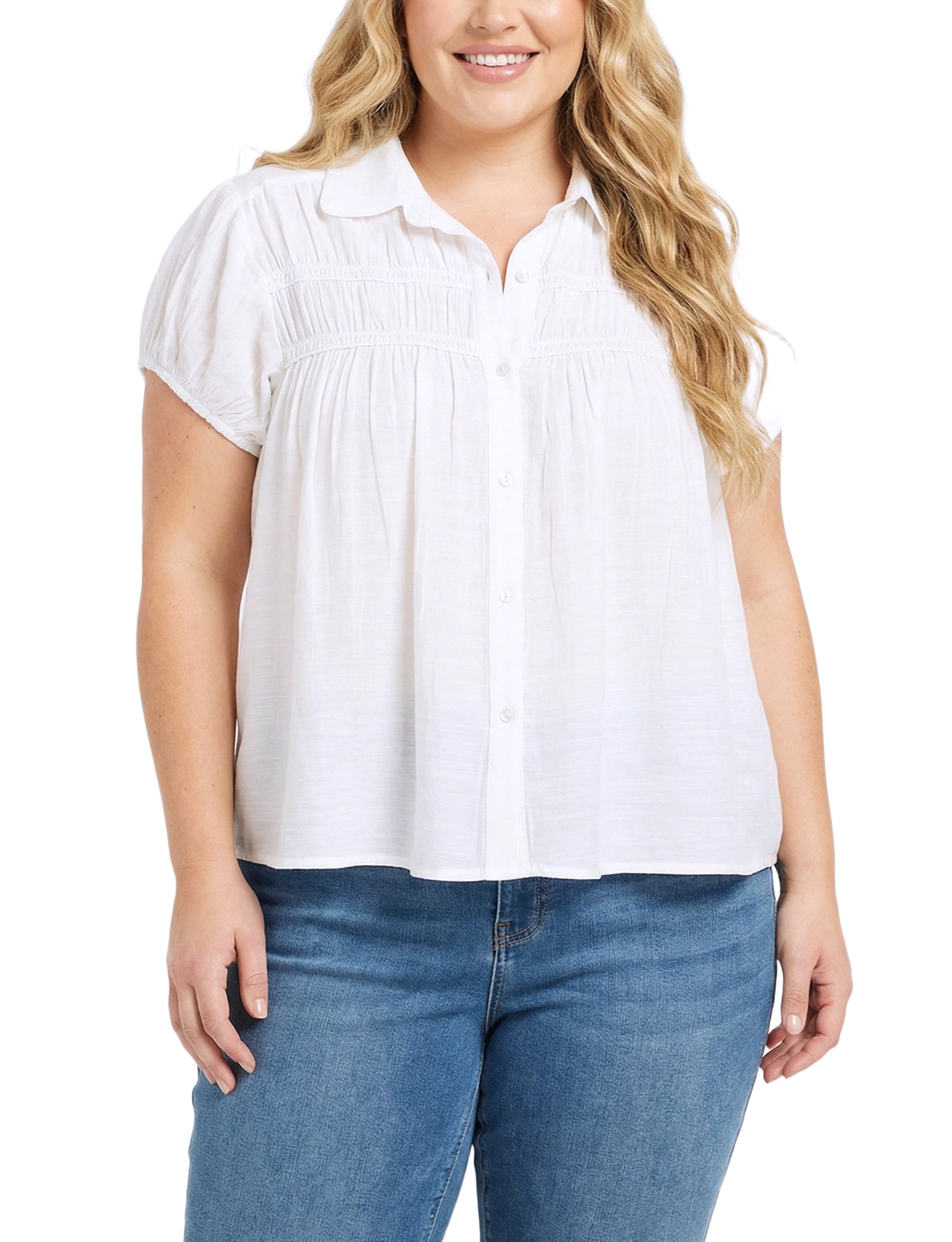 NY Collection Plus Size Cap Slv Rouched Yoke Blouse