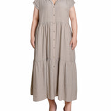 Beige Short Sleeve Slubbed Midi Dress - Plus Size