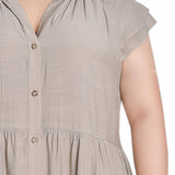 Beige Short Sleeve Slubbed Midi Dress - Plus Size