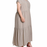 Beige Short Sleeve Slubbed Midi Dress - Plus Size
