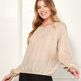 Long Sleeve V-Chain Trim Cutout Bubble Blouse