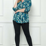3/4 Button Tab Sleeve Button Placket Front Mandarin Collar Hi-Low Popover Blouse - Plus