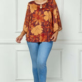 3/4 Kimono Sleeve Cutout Trim Front Neck Mix Media Blouse - Plus