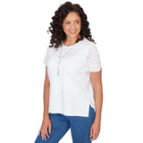 Alfred Dunner Solid Eyelet Sleeve Tee with Necklace