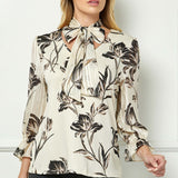 3/4 Ruffle Sleeve V-Neck Mix Media Blouse with Scarf