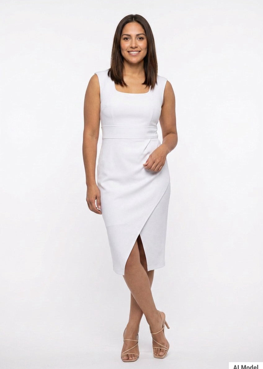 White sleeveless square-neck sheath dress with high-waist band and front wrap-pleat hem on a brunette woman, front view,