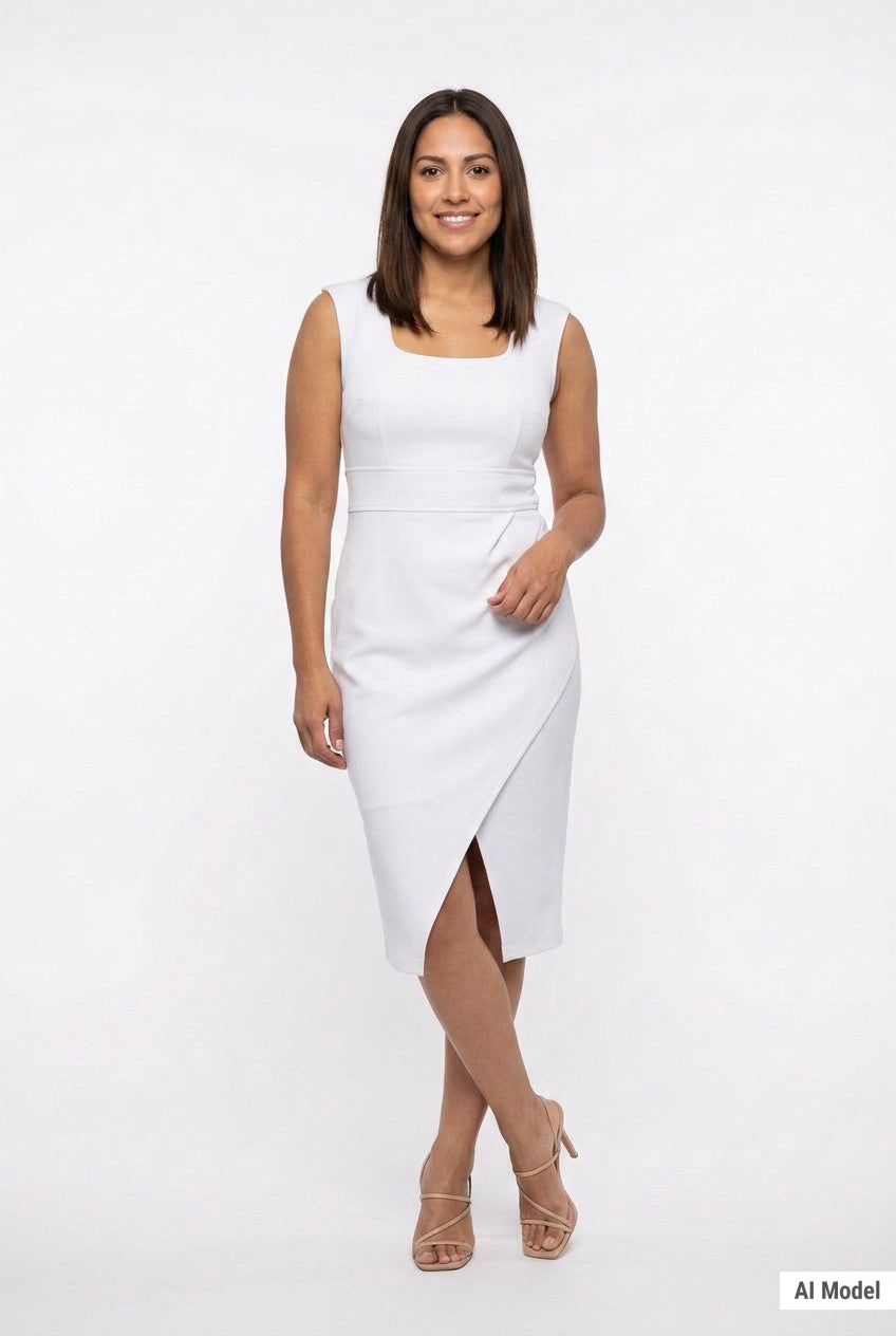 White sleeveless square-neck sheath dress with high-waist band and front wrap-pleat hem on a brunette woman, front view,