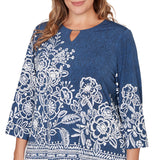 Alfred Dunner Floral Border Embroidered Split Neck Top - Plus