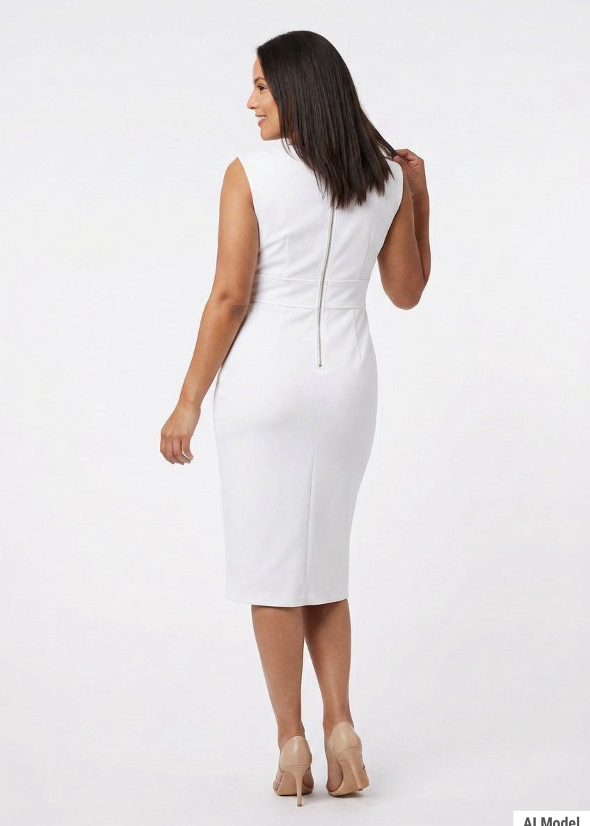 Woman wearing a white sleeveless sheath dress with a back center zipper, midi length; back view, paired with nude heels.