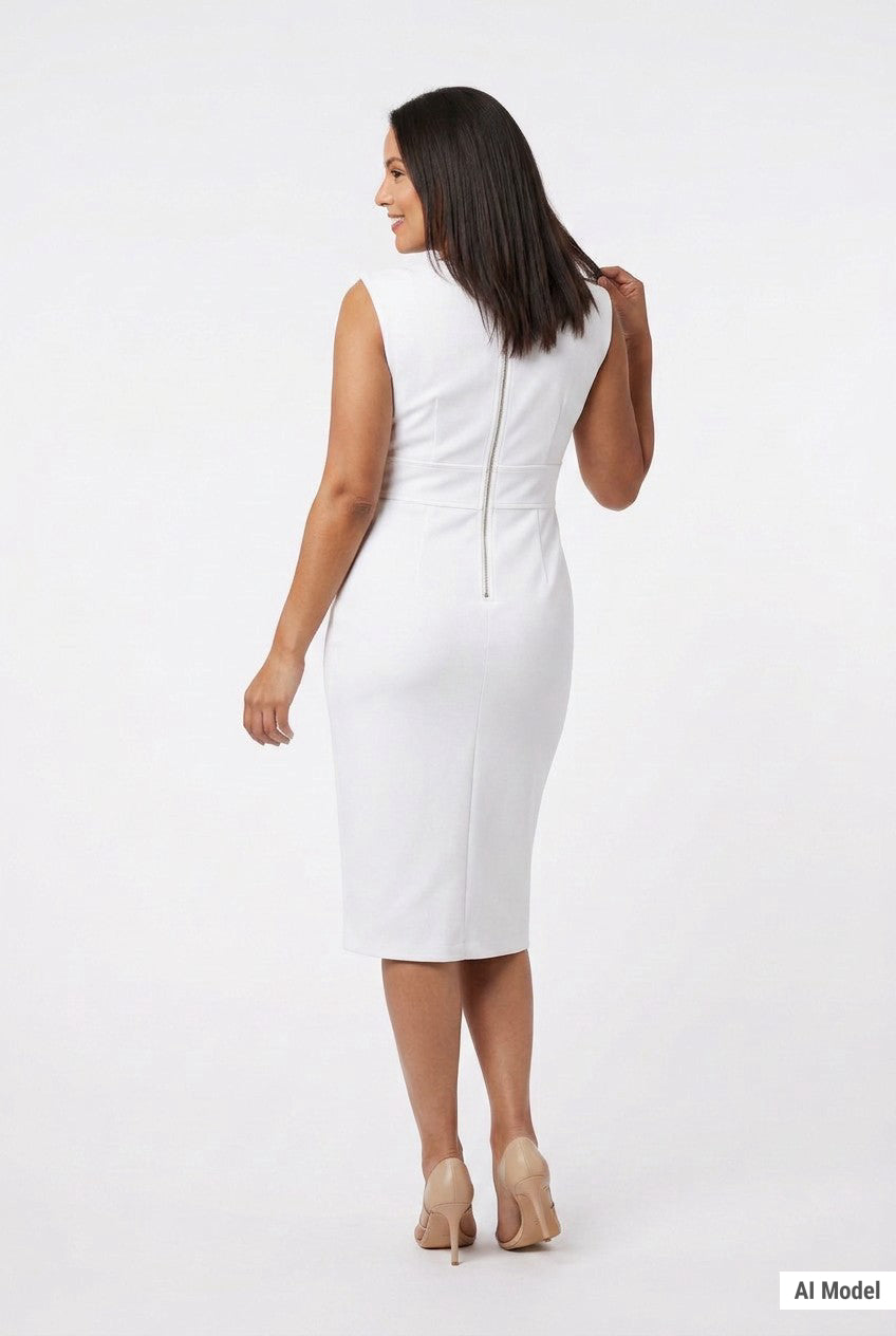 Woman wearing a white sleeveless sheath dress with a back center zipper, midi length; back view, paired with nude heels.