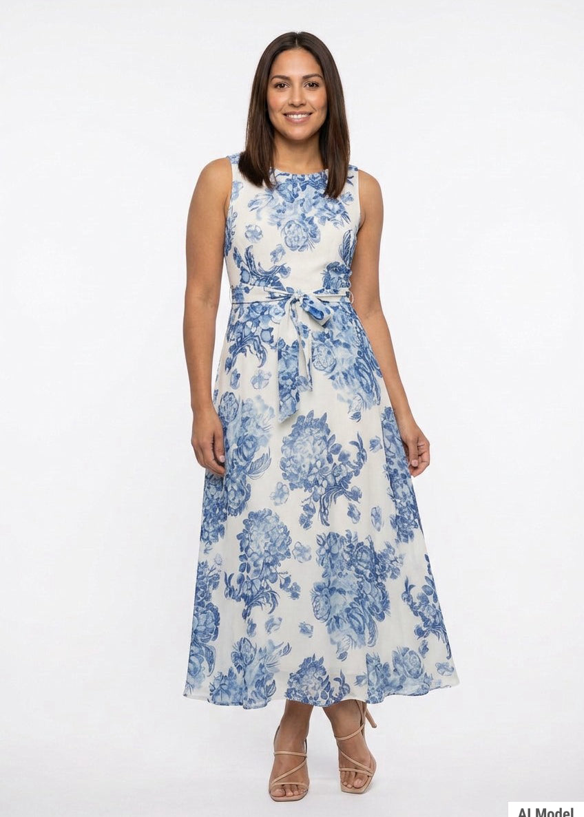 Woman wearing a sleeveless white chiffon maxi dress with blue floral toile print, pleated neckline, and self-tie belt; front