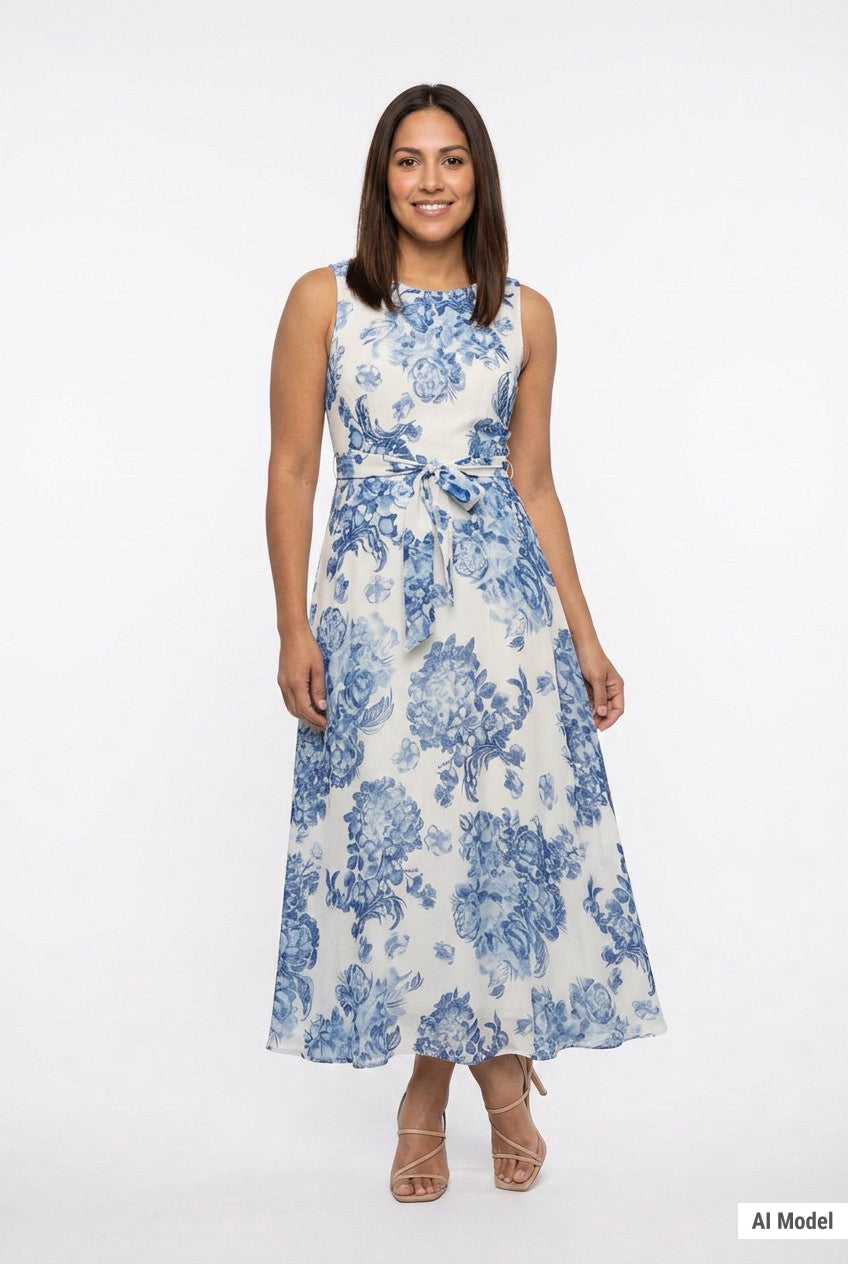 Woman wearing a sleeveless white chiffon maxi dress with blue floral toile print, pleated neckline, and self-tie belt; front